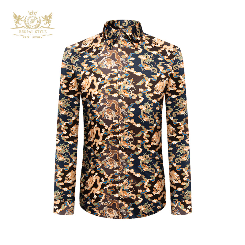 本派男士纯棉中国龙国风印花衬衫