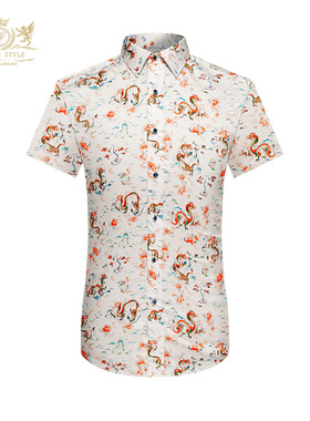 本派短袖衬衫男夏季中国龙国风印花白色衬衣男士棉质长袖休闲衬衫