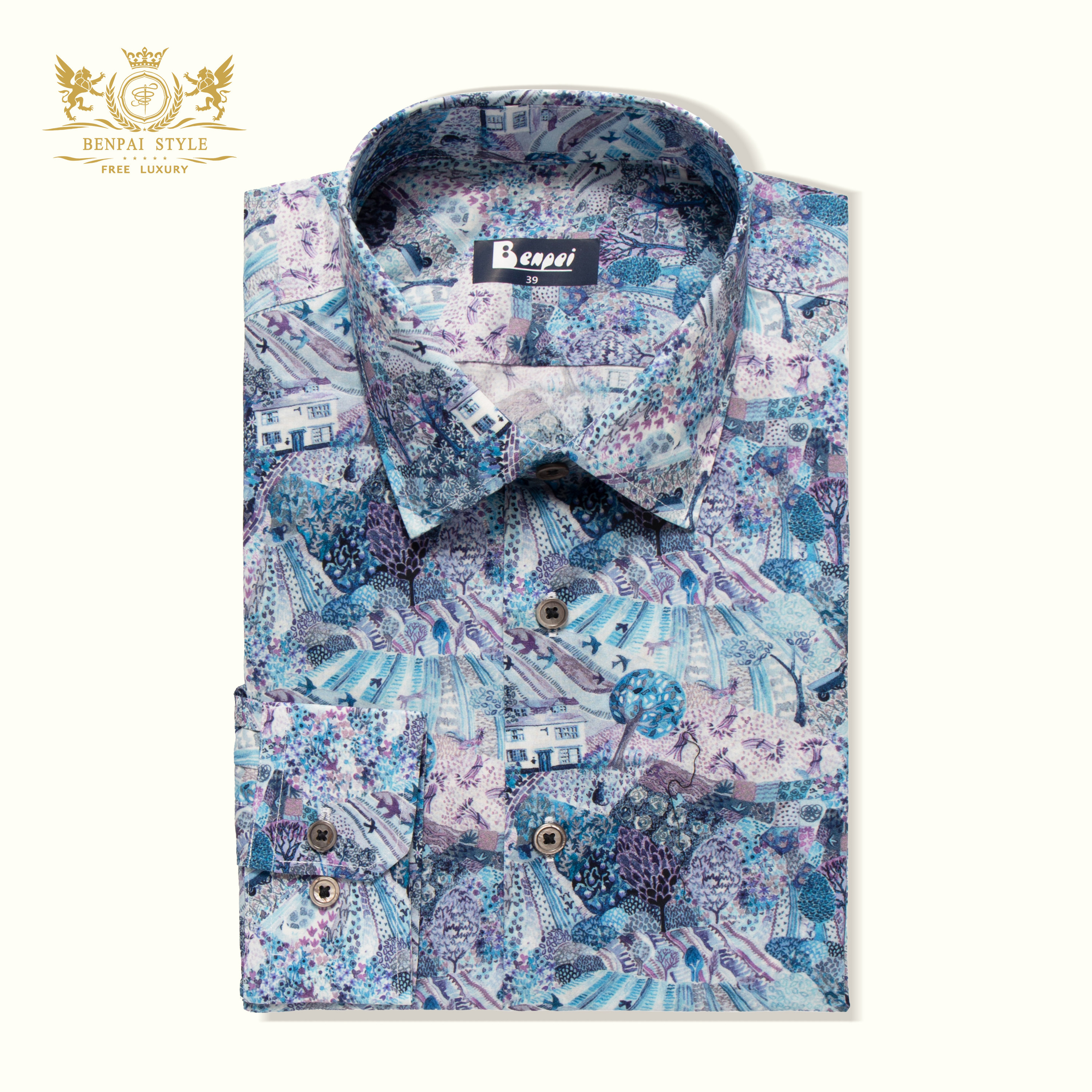 本派衬衫【花漾系列】春夏梦幻小镇高级痞帅印花男士长袖棉质衬衣