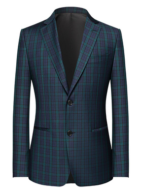 本派西装外套男墨绿色苏格兰格纹男士休闲西服男高定羊毛格子西装