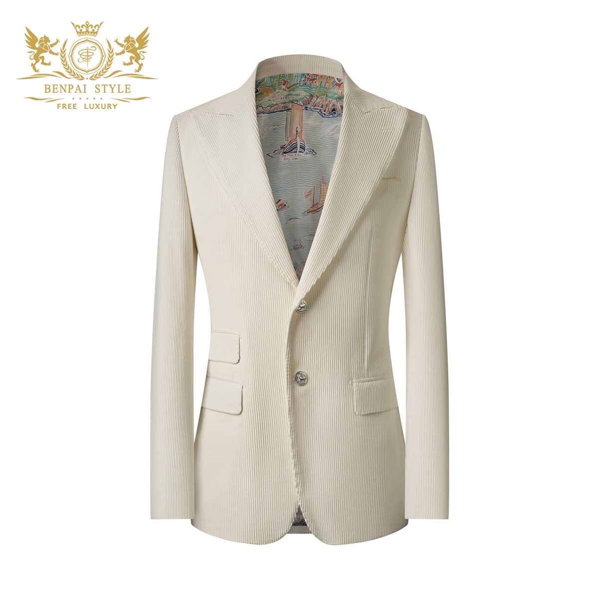 本派灯芯绒西装外套男新款棉质轻奢高端意大利风格戗驳领白色西服