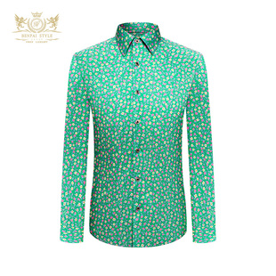 新款 夏季 韩版 休闲衬衣棉质印花长袖 本派绿色小碎花衬衫 衬衫 男短袖
