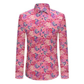 男2025秋新款 本派高档长袖 衬衫 红色碎花翡翠湾印花手工痞帅面衬衣