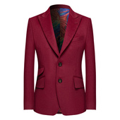 本派休闲西装 戗驳领酒红色羊绒羊毛呢子新郎结婚西服男 外套男新款