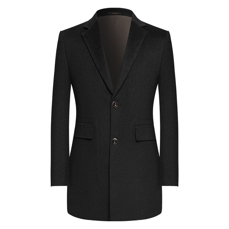 本派男士中长款黑色羊毛呢大衣