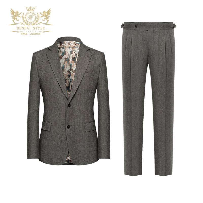 本派羊毛西装男套装意式那不勒斯西裤西服两件套新郎结婚灰色西服