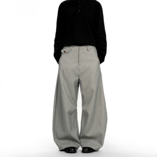 子 男女宽松垂感高级感休闲裤 POCKET老钱风条纹灰色阔腿褶皱西裤