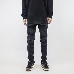 显瘦破洞裤 黑色破洞牛仔裤 小脚修身 裤 秋冬 子男款 POCKET高街美式