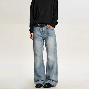 休闲长裤 男女潮简约百搭直筒修身 水洗蓝微喇牛仔裤 POCKET美式