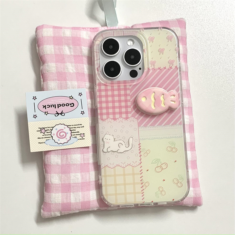 韩风ins可爱粉色少女心拼接格纹碎花猫咪16promax适用iphone15pro立体鲷鱼烧双层印花14手机壳苹果13硬壳