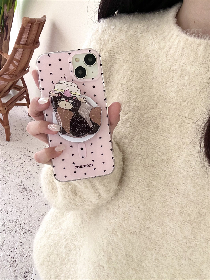 日韩ins甜美少女心可爱路西法猫咪闪粉磁吸支架15promax适用iPhone14苹果17pro粉色波点双层16手机壳保护套13