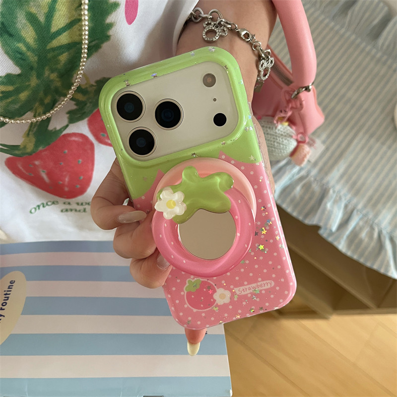 韩风ins可爱少女心粉色草莓镜子磁吸支架17promax适用iphone16pro双层细闪星星波点15手机壳苹果14防摔硬壳13