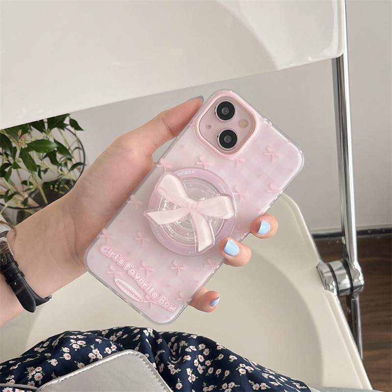 韩风ins可爱甜美少女心粉色格纹蝴蝶结磁吸支架15promax适用iPhone14苹果13pro双层磨砂12手机壳防摔硬壳女