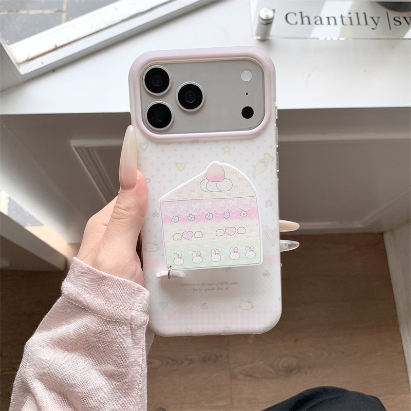 日韩ins可爱软萌粉色香草蛋糕吊坠支架17promax适用iphone16pro圆边双层硬壳磨砂苹果15pro手机壳防摔少女心