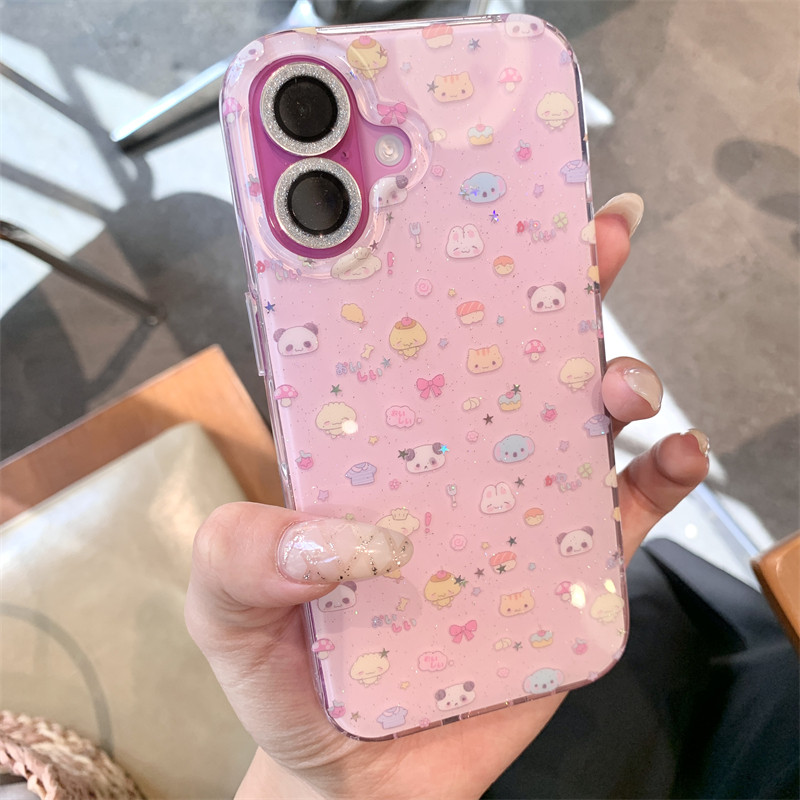 ins可爱少女心卡通满屏小动物熊猫兔子16promax适用iphone15pro双层闪粉粉色14手机壳苹果13硬壳防摔保护套