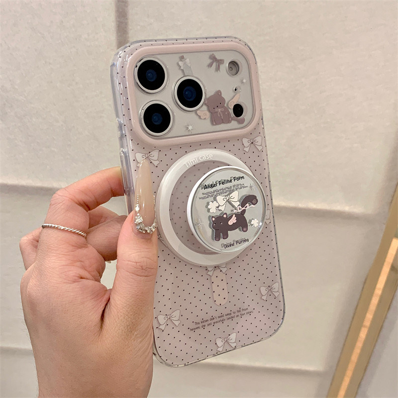 韩国少女心可爱镜面蝴蝶结猫咪磁吸支架17promax适用iphone16pro双层硬壳粉色波点14苹果13硬壳防摔15手机壳