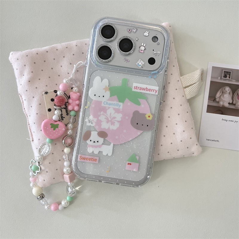 韩系ins简约小清新少女粉色草莓波点小动物手链17promax适用iphone16pro双层细闪硬壳14苹果15pro手机壳防摔
