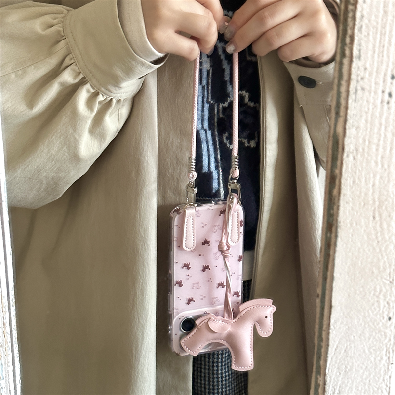 新年ins小众可爱童趣甜美少女心粉色小马手提挂绳17promax适用iphone16pro双层印花15手机壳14苹果13硬壳防摔