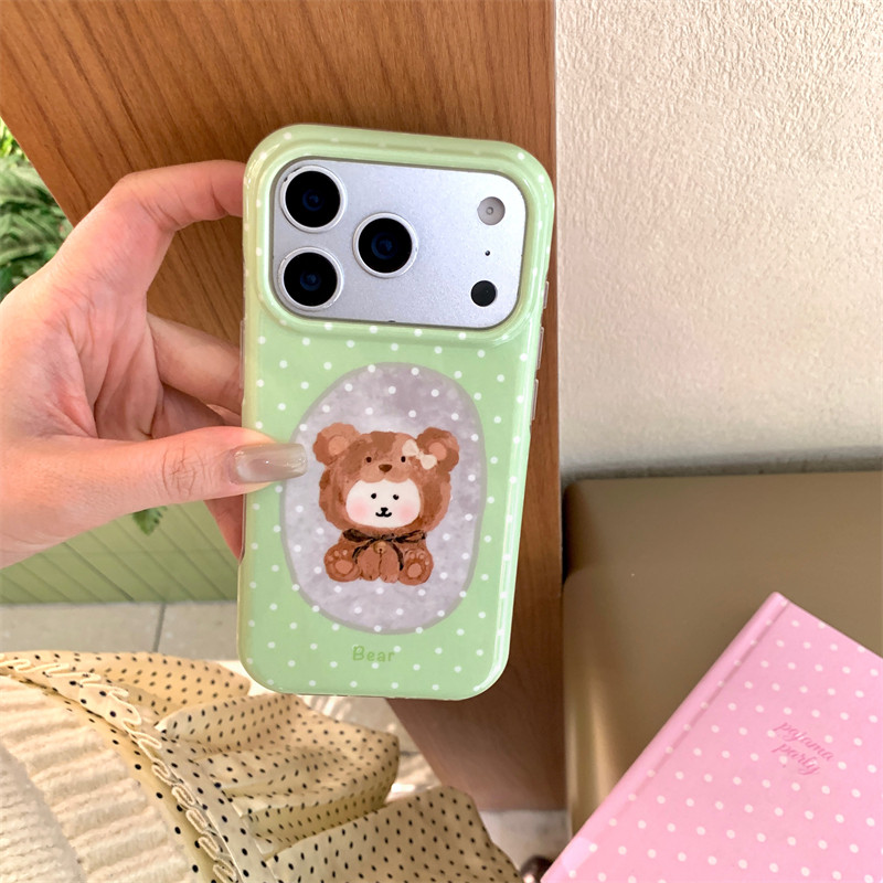 韩系ins小清新手绘油画小熊头套简约波点17promax适用iphone16pro双层硬壳奶绿14苹果15pro手机壳13少女童趣