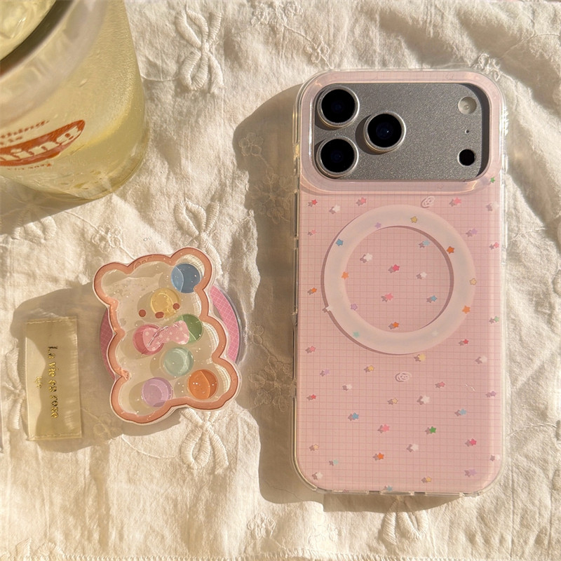 韩国13小众可爱甜美少女心糖果小熊摇摇乐磁吸支架17promax适用iphone16pro双层粉色格纹星星15手机壳苹果14
