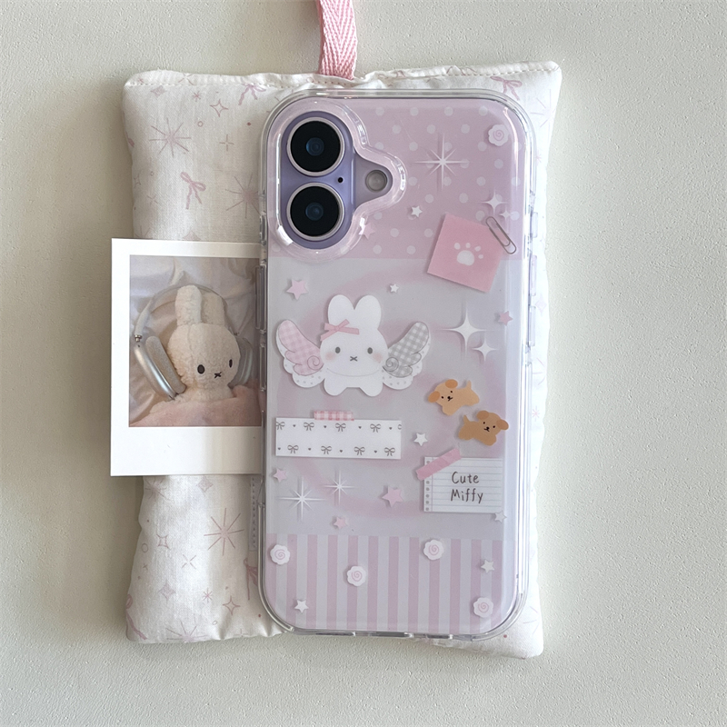 秋冬ins可爱少女心卡通粉色天使小狗兔子毛绒手链17promax适用iphone16pro双层印花15手机壳14苹果13硬壳防摔