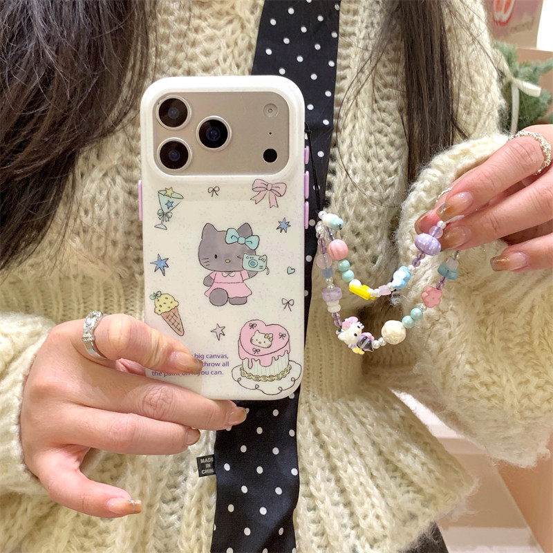 韩国ins硬壳可爱甜美少女心粉色自拍猫咪蛋糕插画手链17promax适用iphone16全包双层苹果15pro手机壳独立按键