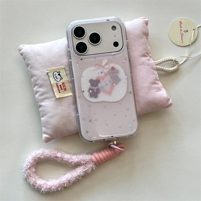 可爱粉色苹果小熊双层细闪手机壳