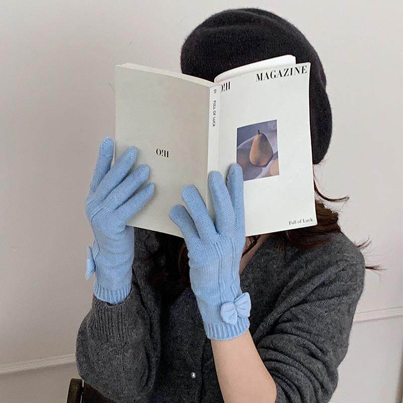 蝴蝶结设计感毛线手套女秋冬韩版潮流防寒保暖百搭可触屏分指手套