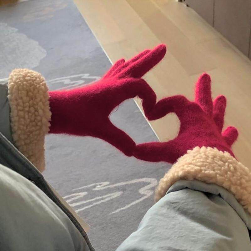 糖果色~兔毛五指棉手套女冬季韩版系毛线针织情侣兔绒可爱韩国ins