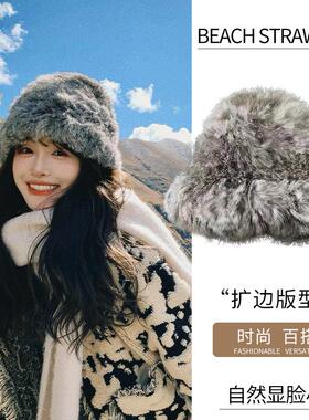2024年新款兔毛渔夫帽女秋冬季旅游显脸小毛线帽保暖百搭毛绒帽子