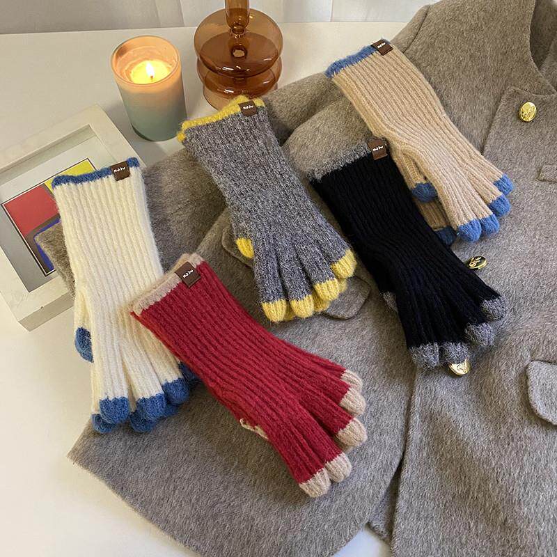 韩版可触屏毛线手套女冬季2024新款骑车骑行露指保暖学生情侣针织