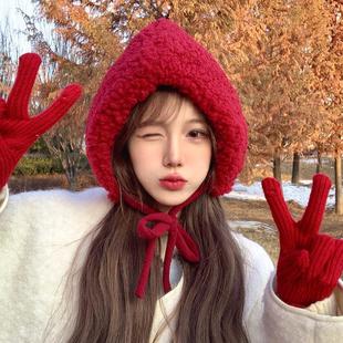 韩国新年毛绒雷锋帽子女秋冬季保暖红色巫女包头加绒系带护耳帽