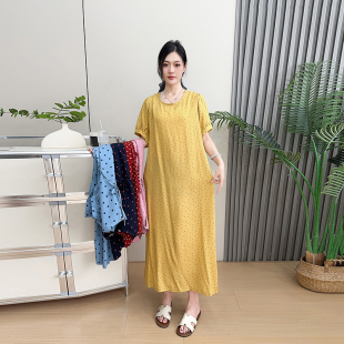 大码 棉绸睡裙女夏季 连衣裙子人造棉加长款 短袖 绵绸睡衣家居服 薄款