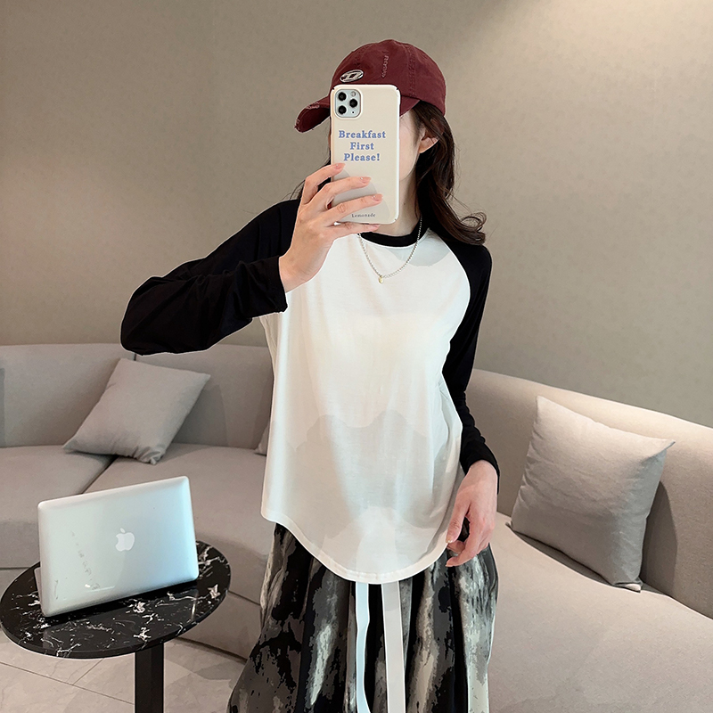 撞色圆领打底衫女士春夏莫代尔薄款插肩长袖T恤美式时尚显瘦上衣