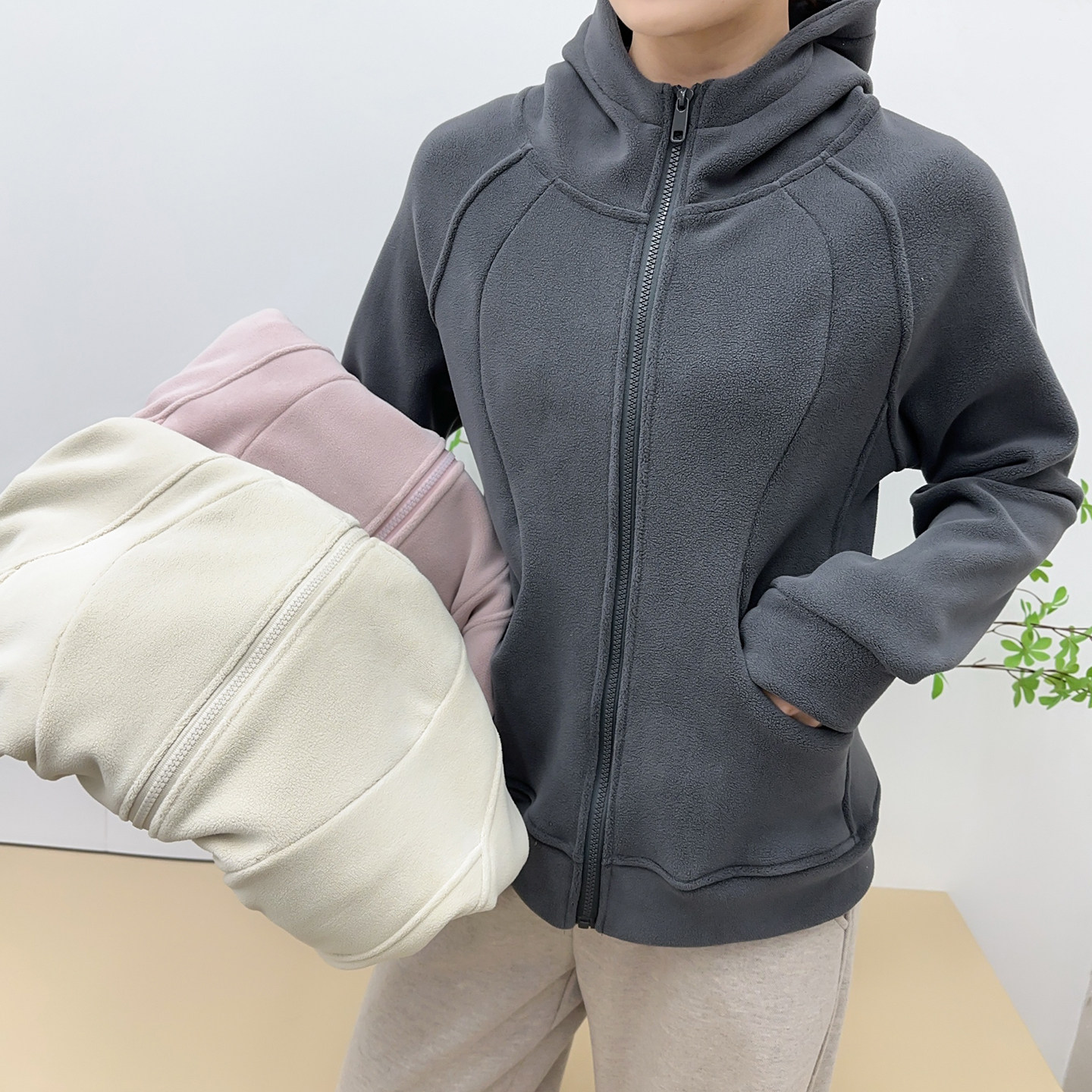 双面奥粒绒连帽拉链卫衣女士加厚加绒保暖休闲外套简约运动风上衣