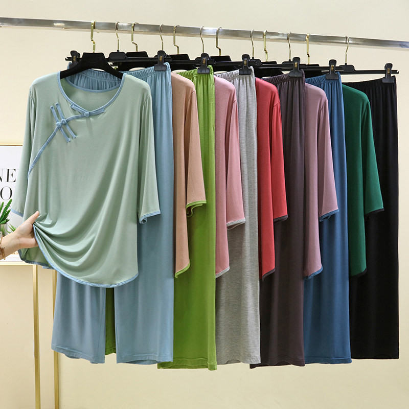 新中式国风古风莫代尔睡衣女七分袖长裤两件套宽松大码家居服套装