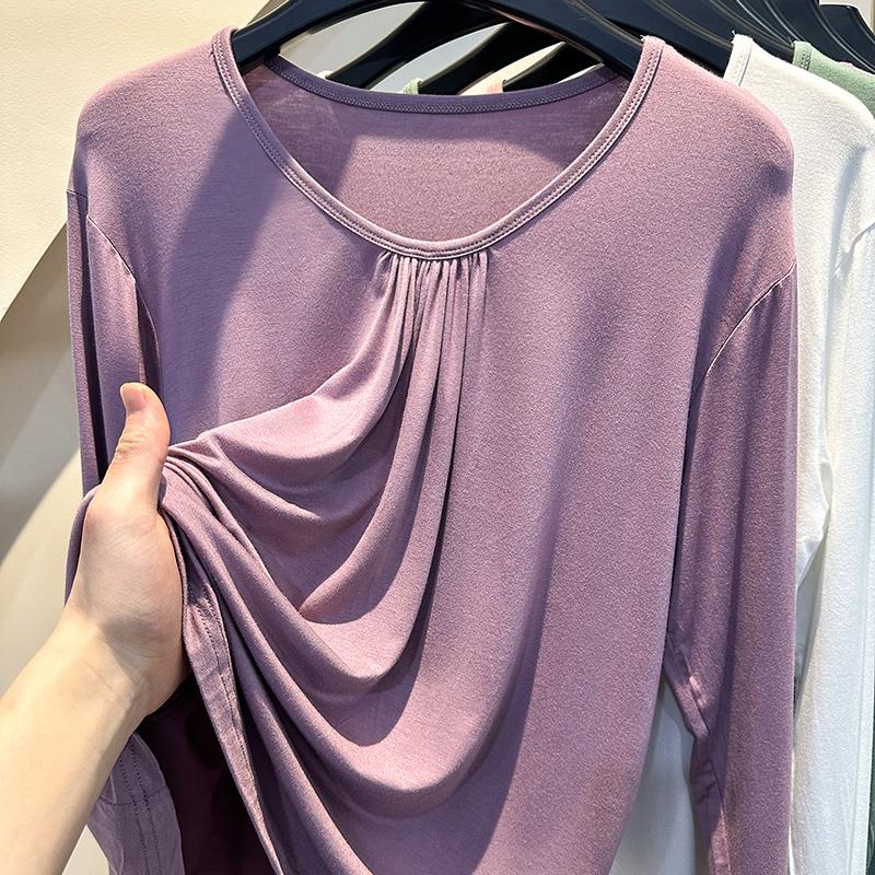莫代尔长袖t恤女宽松大码胖mm200斤打底衫中年妈妈薄款上衣可外穿