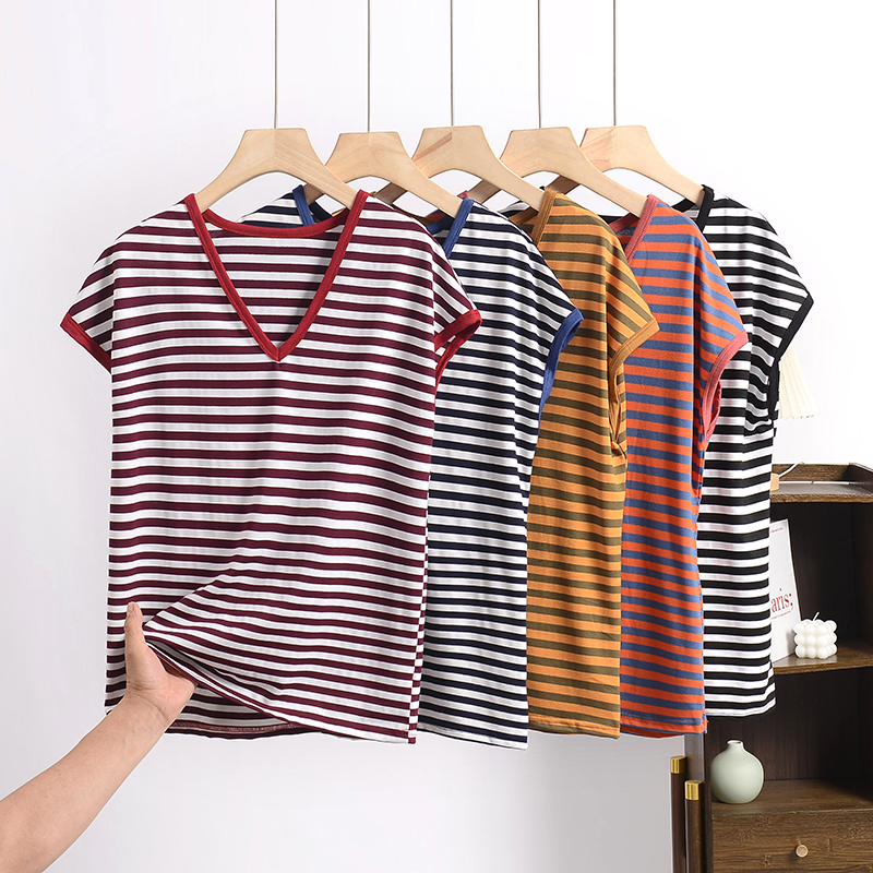 中年妈妈夏装条纹t恤女短袖宽松大码200斤遮肉莫代尔V领薄款上衣