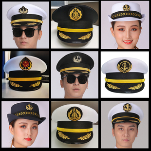 新款海员船长帽轮机长帽男女同款黑白水手太阳帽船员大檐帽舞台帽