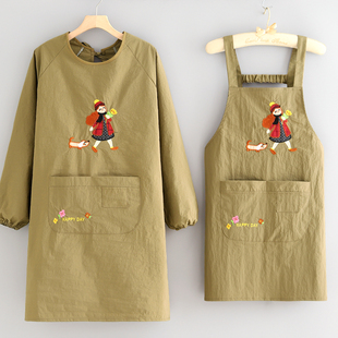 家用厨房围裙长袖 成人上班干活防泼水耐脏工作服透气罩衣反穿衣女