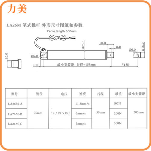 管径26mm12V10毫米每秒速度50mm120N笔式电推杆电动升降杆