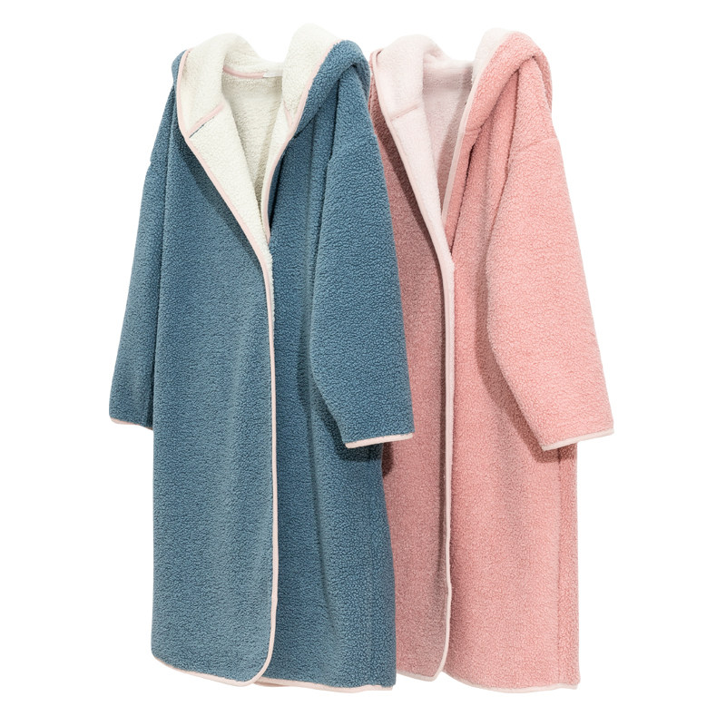 AUTUMN AND WINTER HOODED ELONGATED LAMBSWOOL WARM ROBES BATHROBES CAN BE WORN OVER HOME WEAR HX462044A