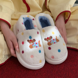 女士居家棉拖鞋 防滑冬季 舒适保暖包跟个性 趣味ins彩点狗狗毛毛鞋