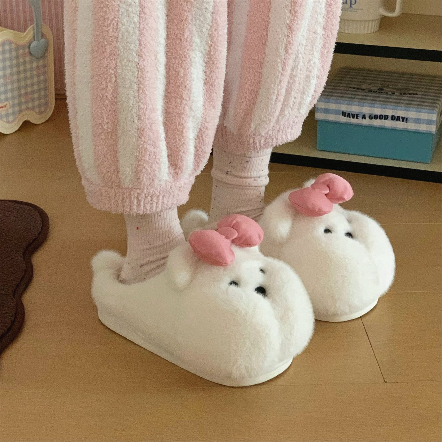 冬季居家蝴蝶结小熊棉拖鞋奶呼呼