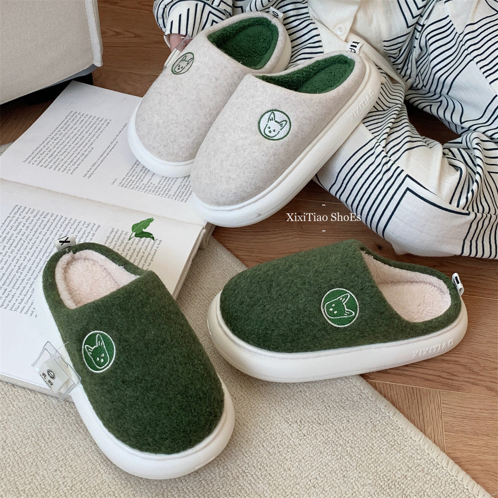 冬季软底防滑保暖情侣居家月子鞋个性百搭卡通小狗毛绒棉拖鞋男女