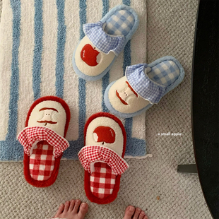 居家可爱ins风红苹果棉拖鞋 秋冬季 女学生防滑撞色格子卧室毛毛鞋