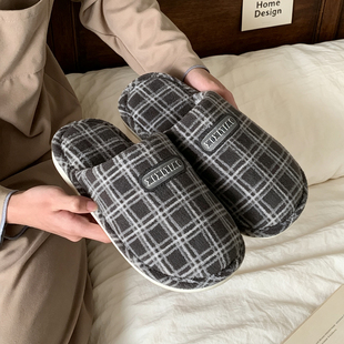 冬季保暖加绒包头棉拖鞋男女撞色韩版格纹字母舒适情侣卧室毛毛鞋
