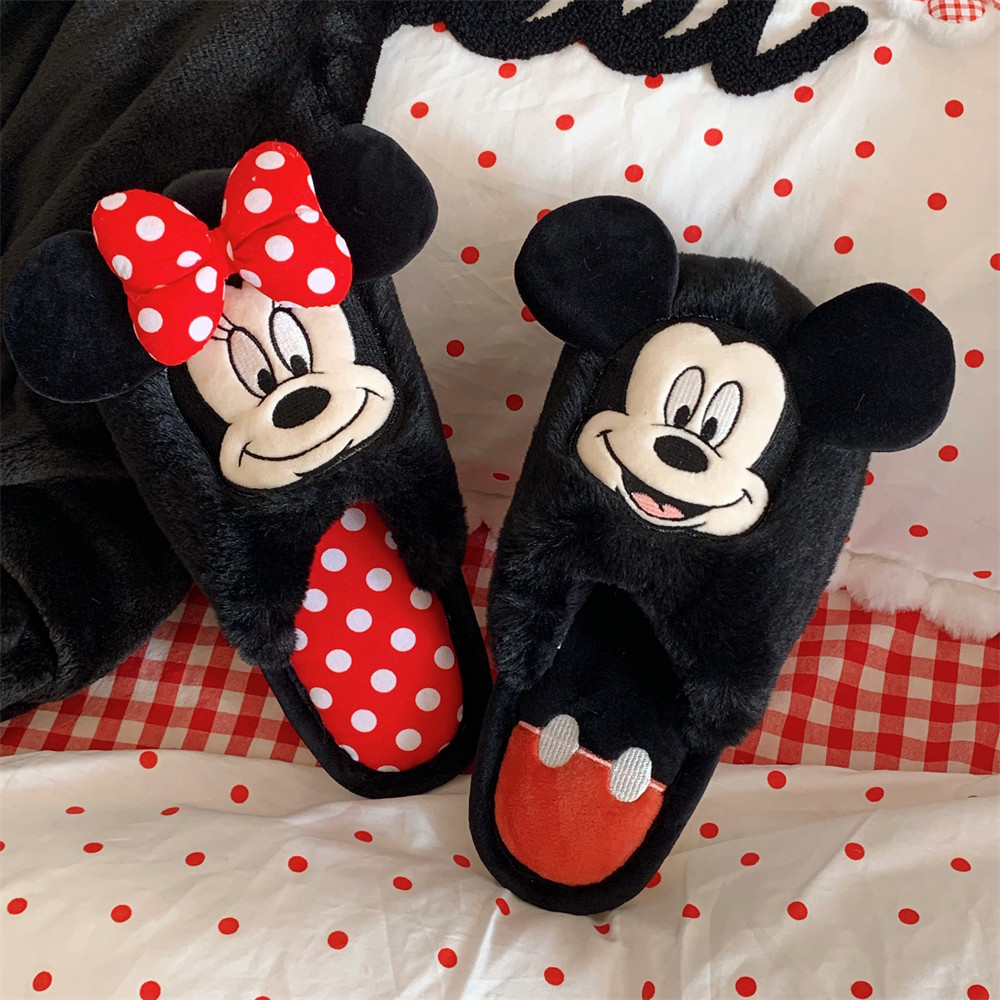 可爱迪士尼米奇蝴蝶结米妮毛毛鞋情侣休闲居家秋冬保暖棉拖鞋男女