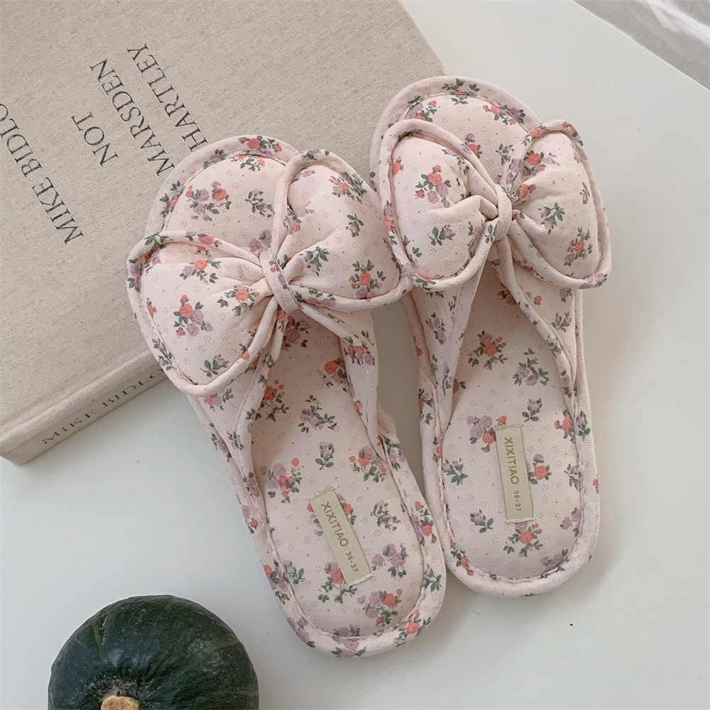 少女心甜美碎花蝴蝶结棉麻拖鞋