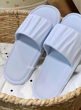 男女夏新款室内外情侣EVA网红奶蓝色防滑凉拖鞋纯色褶皱简约拖鞋